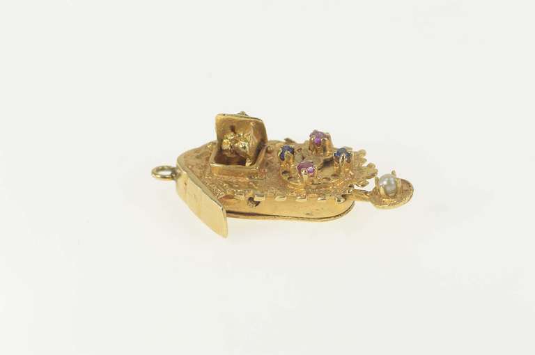 14K Yellow Gold Articulated German Clock Ruby Sapphire Charm/Pendant