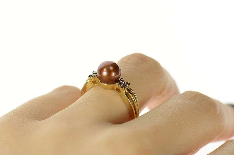 14K Yellow Gold Pearl Fancy Diamond Cluster Statement Ring