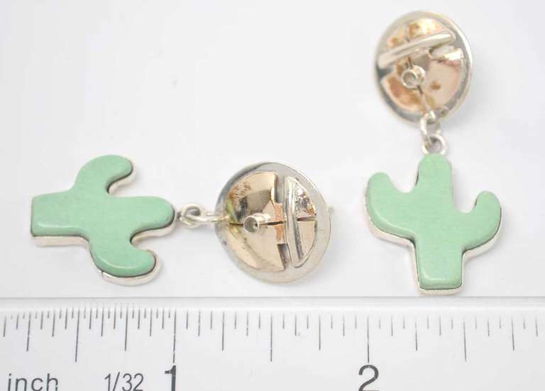 Green Gemstone Cut In A Cactus Shape Set In Sterling Silver Earrings