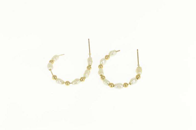 10K Yellow Gold Classic Pearl Beaded Semi Hoop Earrings