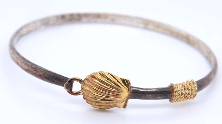 Vintage Sterling Silver Shell Bangle Bracelet