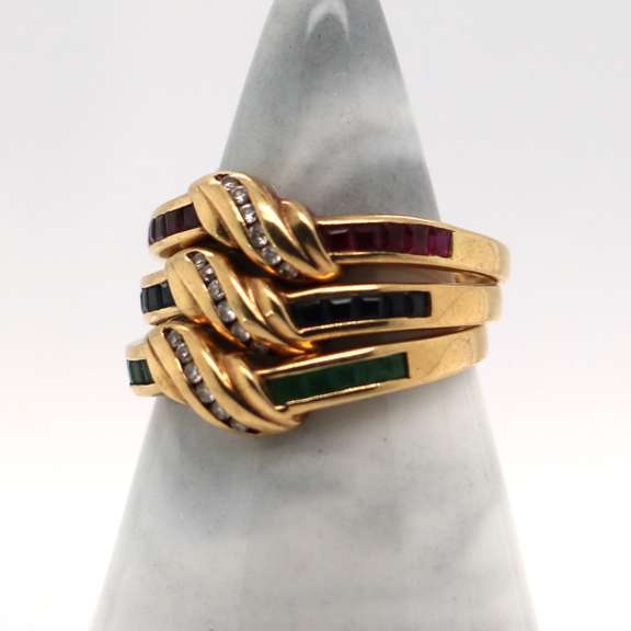 18K 3 Gold Rings with Diamonds, Emeralds, Rubies, and Topaz