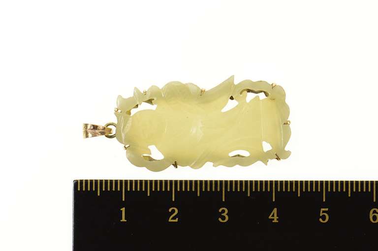 18K Yellow Gold Chinese Jade Carved Ornate Figure Pendant
