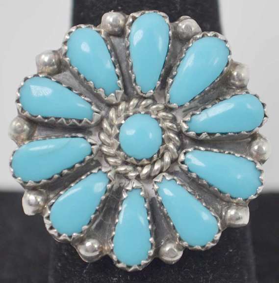 Turquoise Native American Large Flower Styled Sterling Silver Ring