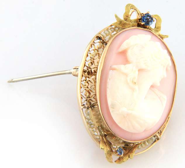 Antique Coral and Pearl Cameo Brooch Pendant