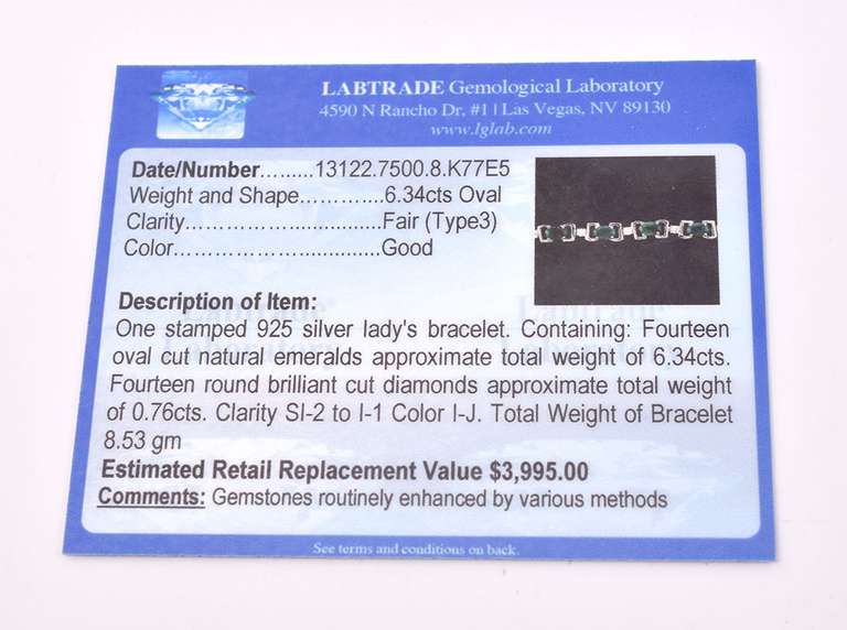 Incredible 6.34CTW Natural Emerald & 0.76CTW Diamond Bracelet in Sterling Silver