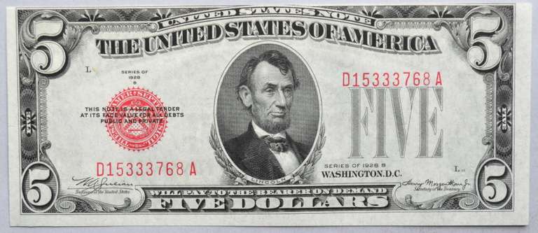 1928 B $ 5 Red Seal US Note