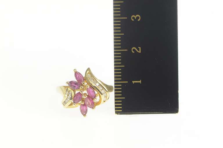 14K Yellow Gold Marquise Ruby Cluster Diamond Bypass Ring