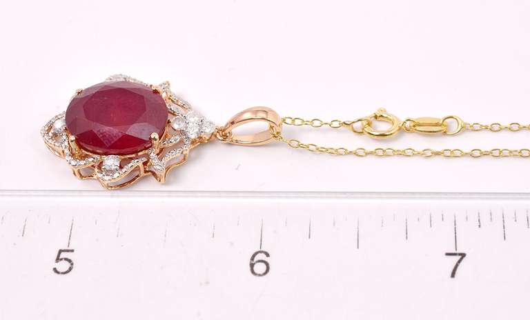Sensational 9.52CTS Ruby & 0.33CTW Diamond Pendant Necklace in Gold Plated Sterling Silver