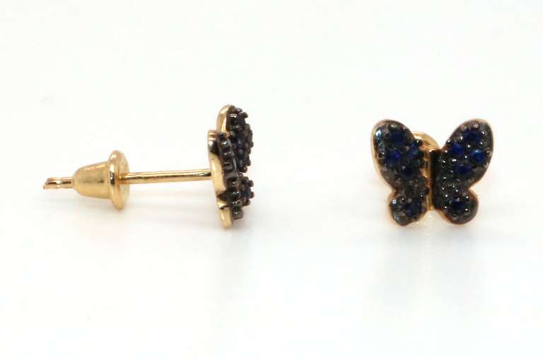 2 Earring Sets 18k Yellow Gold- Diamond Heart with Arrow and Dark Blue Tanzanite Butterflies