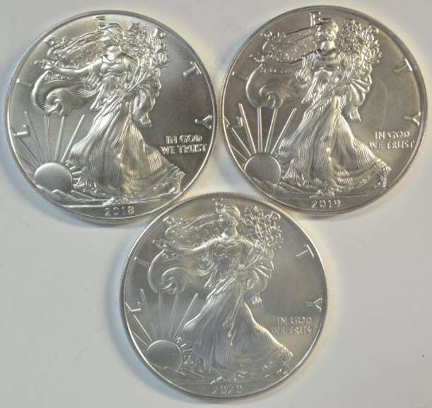 Gem BU 2018, 2019, & 2020 $1 Silver Eagles in original US Mint boxes
