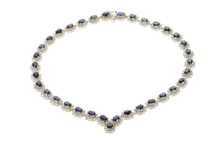 14K White Gold 36.12 Ctw Natural Sapphire Diamond Halo Necklace