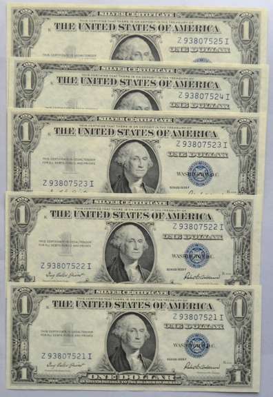 5 AU Consecutive 1935F $1 Silver Certificates