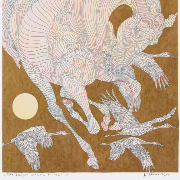 Guillaume Azoulay, "Etude Quatre Grues" Framed Original Hand Colored Drawing with Hand Laid Gold Leaf, Hand Signed with Letter of Authenticity
