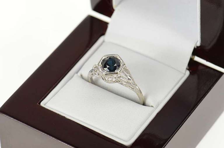14K White Gold 1.02 Ct Art Deco Filigree Sapphire Engagement Ring