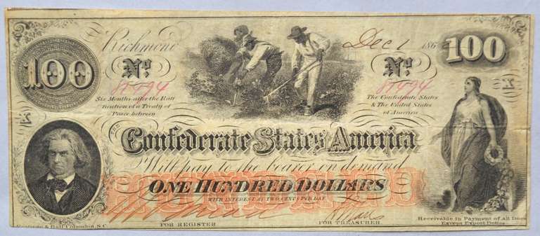 $100 1862 Series  Watermarked CSA Confederate States Note