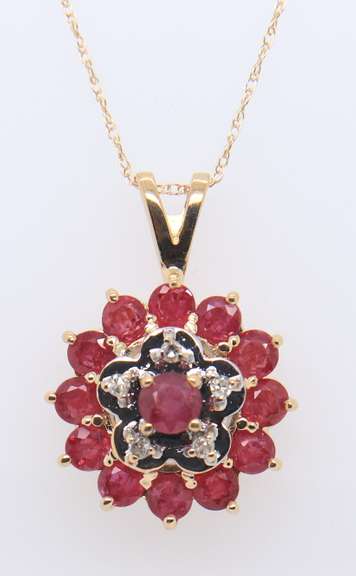 Gorgeous Yellow Gold Ruby and Diamond Pendant on Chain
