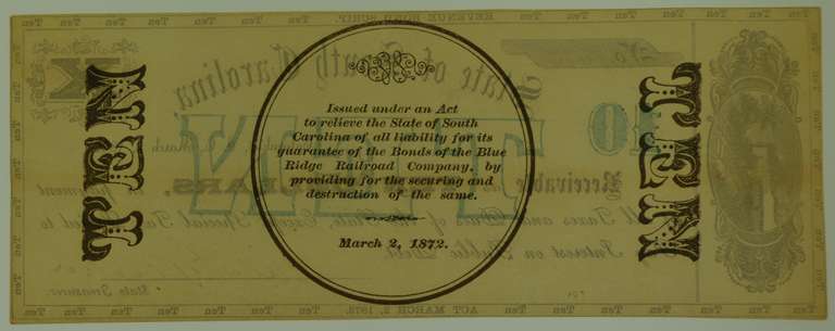 1872 $10 Note Columbia, March 2, 1872. State of South Carolina