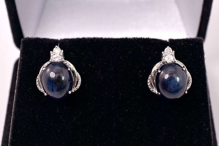 Captivating 12.39CTW Oval Cabochon-Cut Star Sapphire & 0.20CTW Diamond Earrings in Sterling Silver
