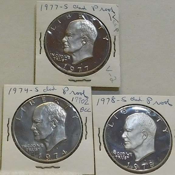 3 coins, all PROOF: 1974 & 77 & 78-S Ike Dols