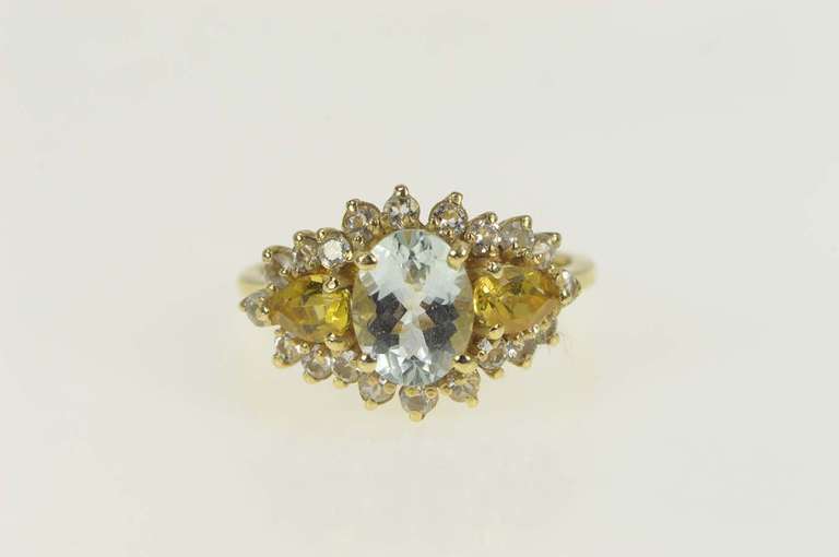 14K Yellow Gold Oval Blue Topaz Citrine CZ Halo Statement Ring