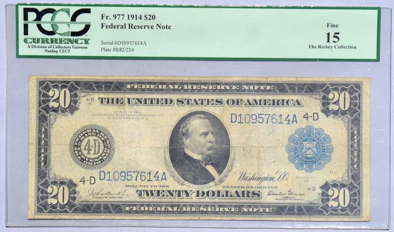 Series 1914 $20 Cleveland Fed Reserve Note Fine 15 Rickey Collection