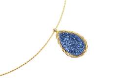14K Yellow Gold Pear Blue Druzy Quartz Woven Tube Chain Necklace