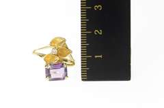 14K Yellow Gold Amethyst Emerald Cut Leaf Design Diamond Ring