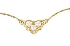 14K Yellow Gold Ornate Pearl Diamond Scrollwork Statement Necklace