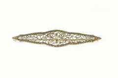 14K White Gold Art Deco Pearl Ornate Filigree Bar Pin/Brooch