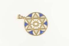 14K Yellow Gold White & Blue Enamel Star of David Jewish Pendant