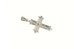 10K White Gold Baguette & Round Diamond Cross Christian Pendant