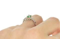14K White Gold Oval Emerald Diamond Accent Engagement Ring