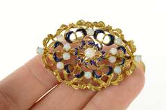 14K Yellow Gold Ornate Victorian Opal Blue Enamel Elaborate Pin/Brooch