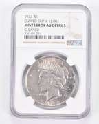 Mint Error AU Details 1922 Peace Silver Dollar Curved Clip @ 12:00 NGC