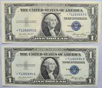 2 Consecutive Gem CU $1 1935 E Star Silver Certificates