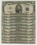 Nice lot of 11 Series of 1953 $5 Blue Seal Silver Certificates