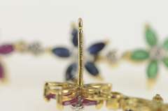 14K Yellow Gold Emerald Sapphire Diamond Flower Dangle Earrings