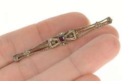 10K White Gold Art Deco Princess Amethyst Etched Bow Bar Pin/Brooch