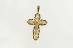 18K Yellow Gold Crucifix Scroll Enamel Cross Christian Pendant