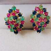 14kt Yellow Gold, Blue Sapphire, Ruby, & Emerald Earrings