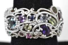 Multiple Various Colored Gemstone Encrusted Ornate Sterling Silver Ring.