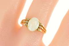 14K Yellow Gold Natural Opal Diamond Classic Engagement Ring
