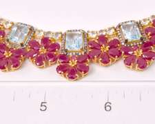 Ravishing 95.00CTW Rubies & Blue Topaz with 1.50CTW Diamond Necklace & Earrings Set in Gold Plated Sterling Silver