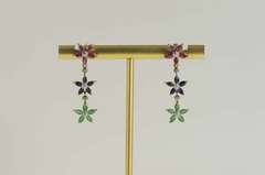 14K Yellow Gold Emerald Sapphire Diamond Flower Dangle Earrings