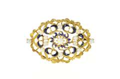 14K Yellow Gold Ornate Victorian Opal Blue Enamel Elaborate Pin/Brooch