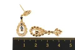 14K Yellow Gold Pearl Sapphire Diamond Halo Dangle Statement Earrings