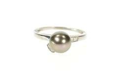 14K White Gold Art Deco Diamond Black Pearl Inset Bypass Ring