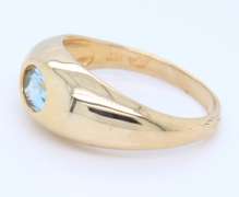 Handsome Yellow Gold oval Blue Topaz Bezel Set Ring