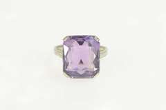 14K White Gold Art Deco Emerald Cut Syn. Amethyst Cocktail Ring